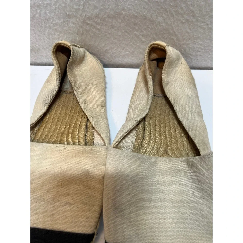 Tory Burch Espadrille Flats Black Toe Cap Beige Canvas Slip On Shoes‎ Size 8.5